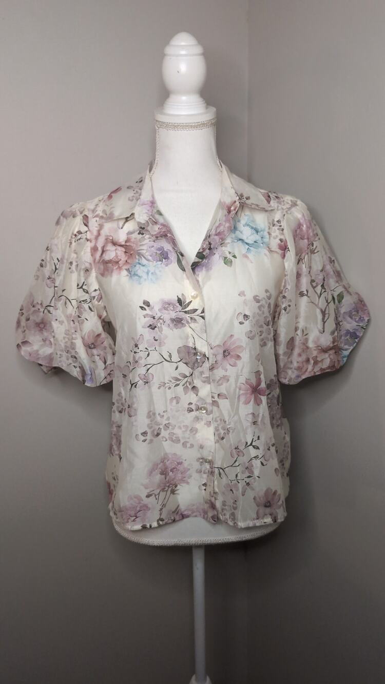 Lucky & Coco Floral Tencel Puff Sleeve Blouse Small Cottagecore